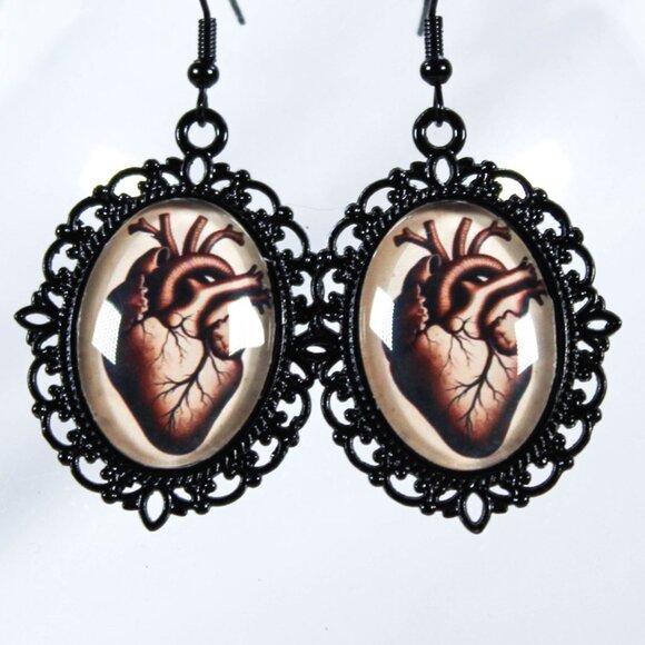 The Crimson Pulse Gothic Victorian Anatomical Heart Earrings Black Metal Cameo - Picture 3 of 5